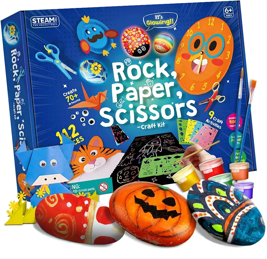 Byncceh Rock Painting Kit, Glow in The Dark Rocks for Painting Kits, Scratch Art Paper Bookmarks for Kids, Origami Kit with Kids Scissors Paper Crafts, Arts and Crafts for Kids Ages 6-8 8-12