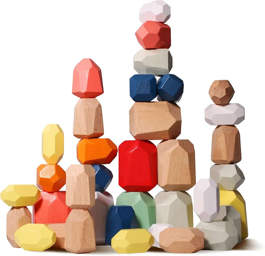 36 PCS Wooden Sorting Stacking Rocks Stones Montessori Blocks Sensory bin Toys Balancing Stones Preschool Learning Educational for Kids 3 Years Up