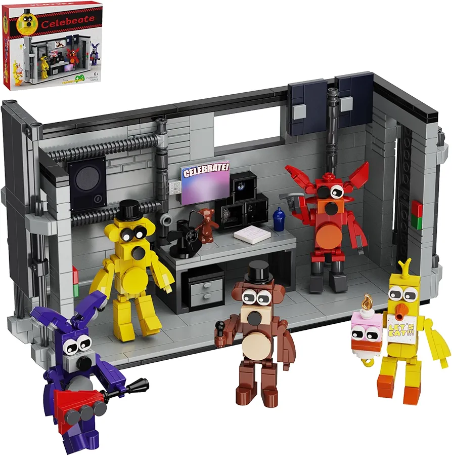 Five Nights Security Room Action Figure Building Block Set, 5 in 1 Fazbear Fredy Monster with Stage Horror Game Toys, Compatible with Lego, Suitable for Fans Boys Girls Stage Halloween (545 PCS)