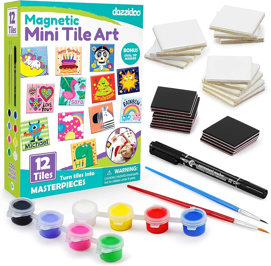 Magnetic Mini Tile Art - DIY Craft Kit; Design and Paint Magnet Tiles - Kids Paint Arts & Crafts Project; Includes 12 Tile Magnets, 8 Paint Colors, 2 Brushes and Marker; Fun Ceramic Tile Painting Kit