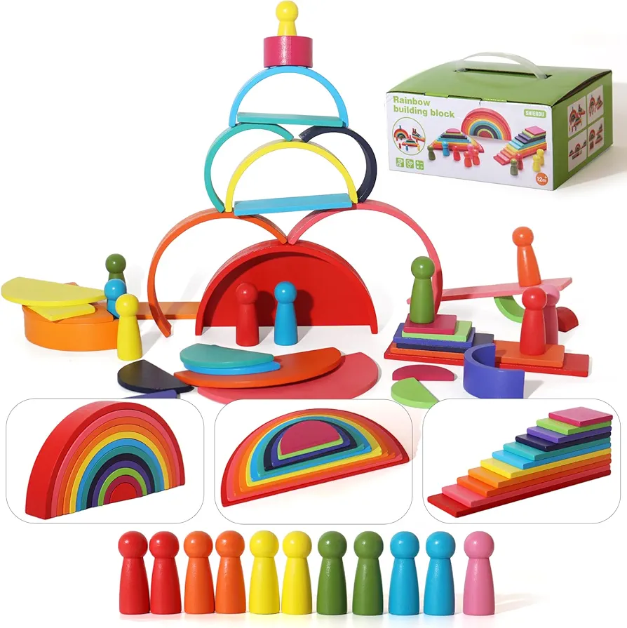 4-in-1 Building Blocks Early Development & Activity Toys Montessori Toys for Kids. 3, 4, 5 Years and Older Gifts for Boys and Girls 45-Piece Wooden Rainbow Stack Set