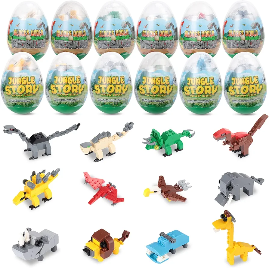 ThinkMax 12pcs Easter Eggs Prefilled with Jungle Animals and Dinosaurs Building Blocks for Easter Basket Stuffers, Easter Party Favor, Easter Eggs Hunt, Classroom Prize Supplies