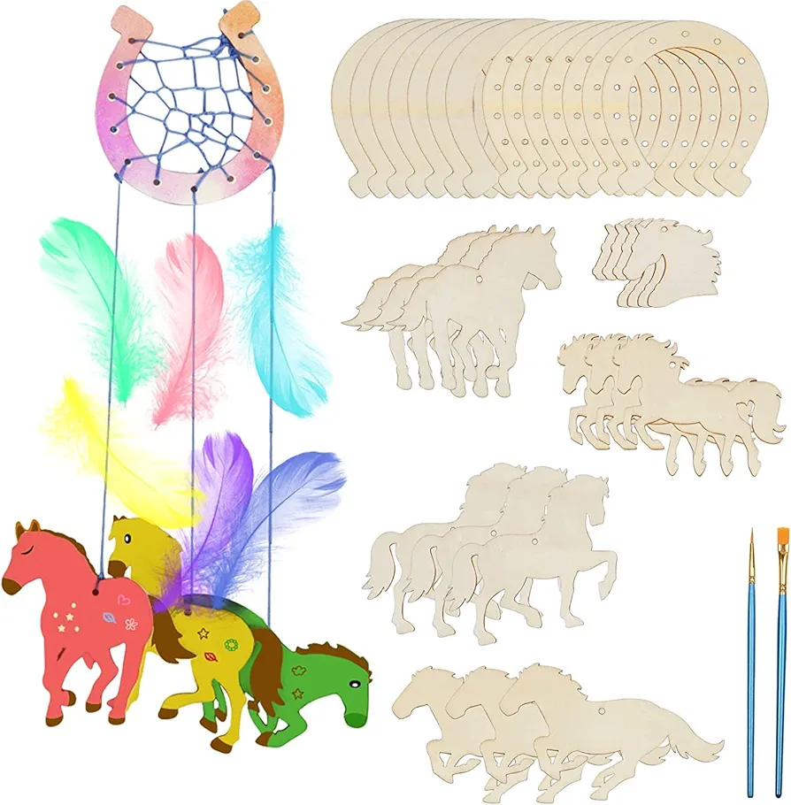 30 Pack Wooden Horse Craft for Kids Unfinished Wooden Cutouts Horse Horseshoes for Girls Boys Paint You Own Horse Dream Catcher Craft for kids DIY Art Activity Party Favors Decoration