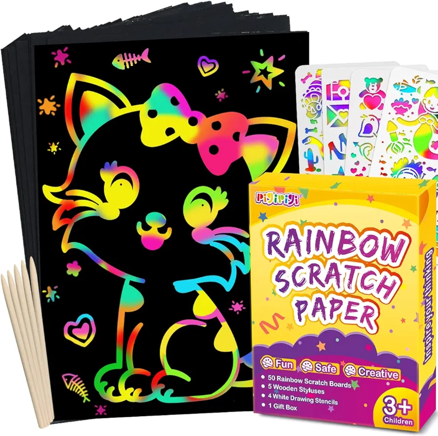 pigipigi Scratch Paper Art for Kids - 60 Pcs Rainbow Magic Scratch Off Art Crafts Set Supply Drawing Note Kit for Girls Boys Toddler Party Favor Activity Game Birthday Christmas Easter Toy Gift