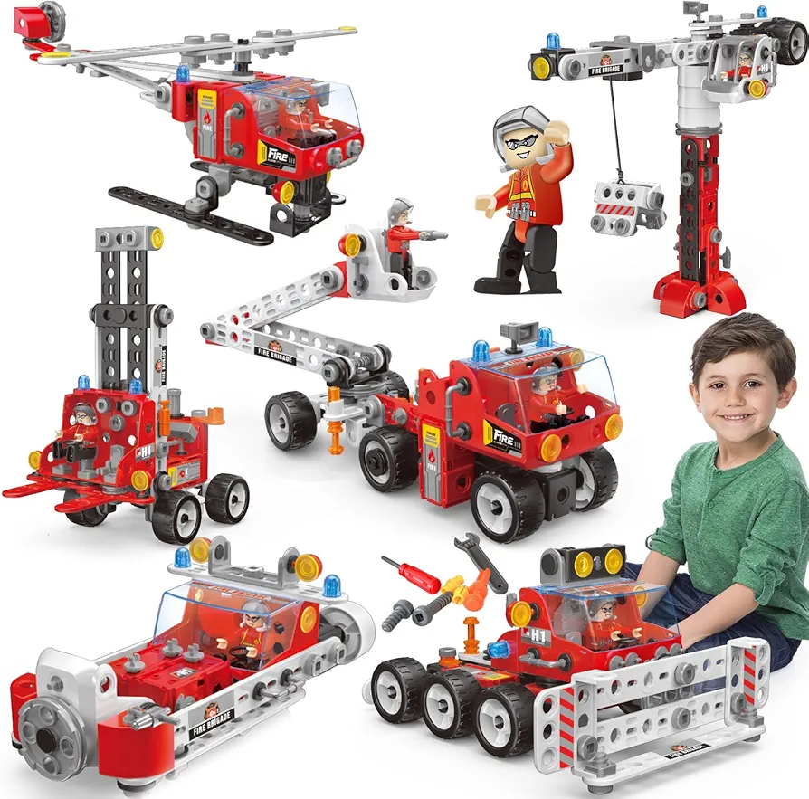 6 in 1 Educational STEM Toys Building Toys for Kids Ages 4-8, Construction Building Blocks for Kids, 187PCS Fire Truck Engineering Toys Building Sets Gift for Boy Age 5 6 7 8 9 10+ Years Old