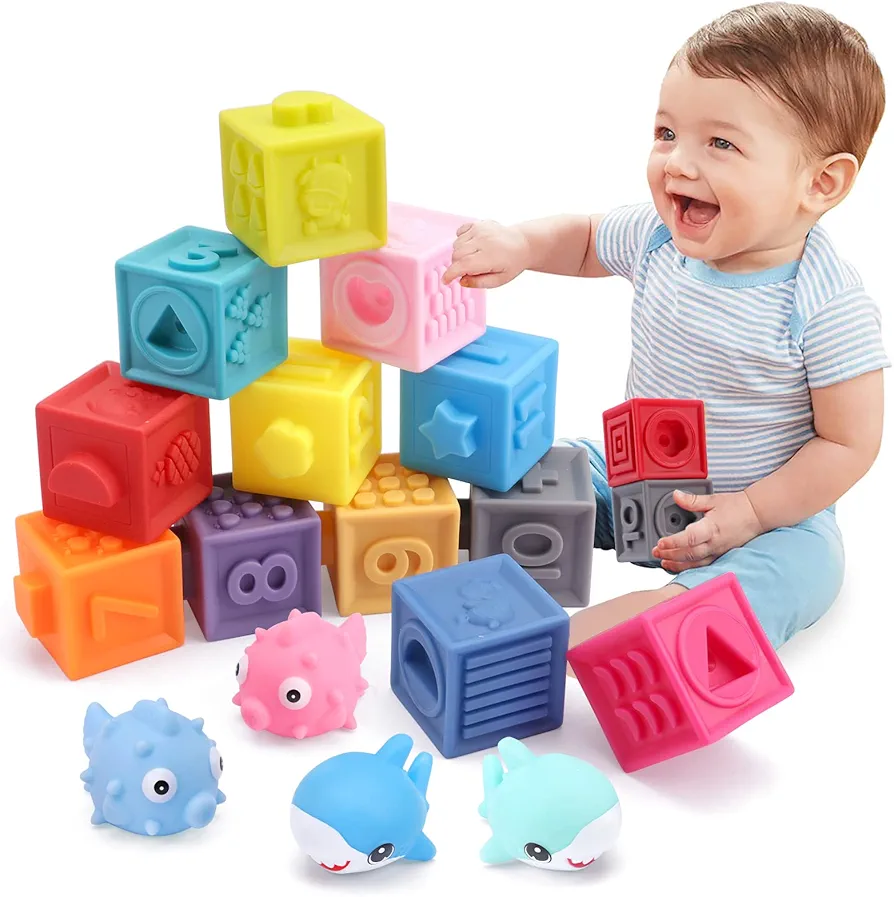 Baby Soft Blocks, 16PCS Stacking Building Blocks for Toddlers 1-3, Teething & Sensory Toys for Babies Infant 6 9 10 12 18 Months, Learning Developmental Toys for Boys & Girls 1 2 3 Years Old