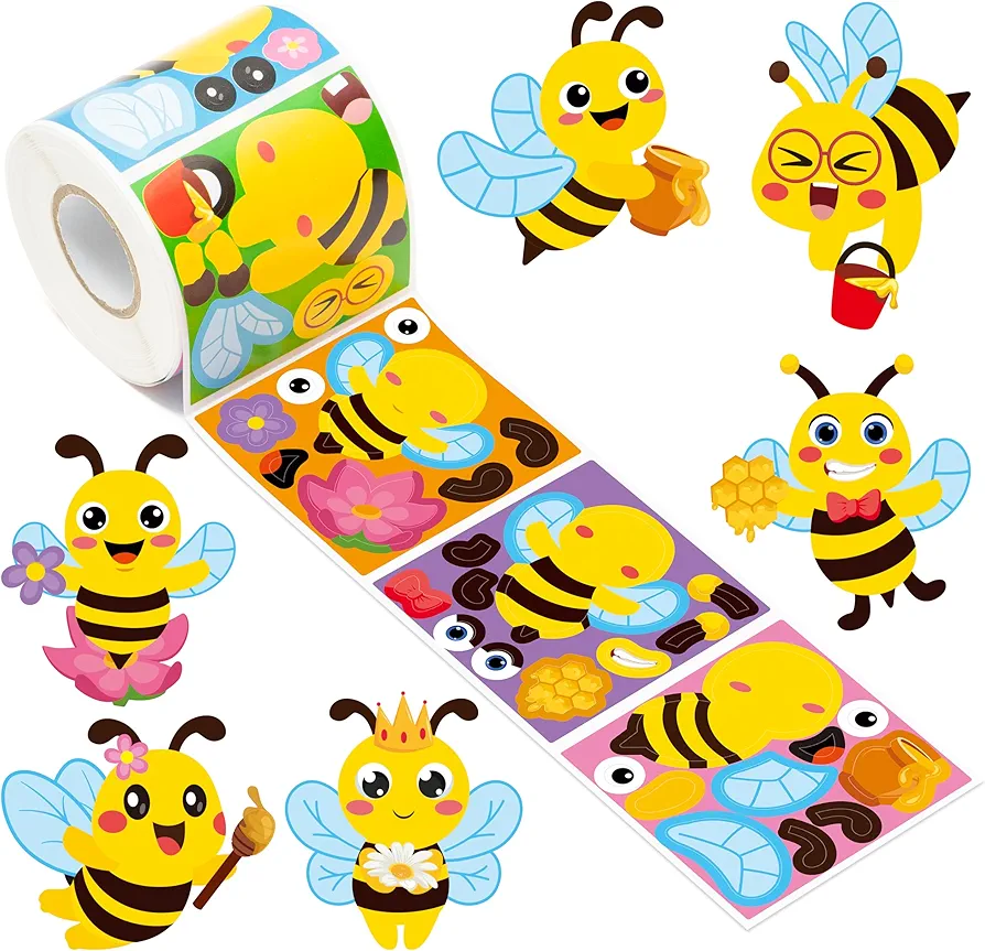 Haooryx 300pcs Make A Bee Face Scene Sticker Roll Make Your Own Cartoon Bee Happy Face Sticker Decals Cute Mix and Match Animals Art Craft Sticker for Kid’s Birthday Party Supplies Giftwrap Decor