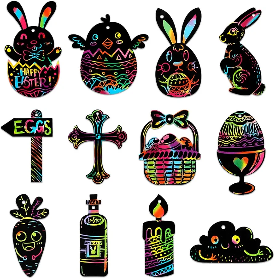 WhatSign Easter Crafts for Kids 24Pcs Magic Color Easter Scratch Art Easter Egg Bunny Ornament Decoration DIY Easter Craft Kits for Kids Classroom Easter Party Favors Supplies