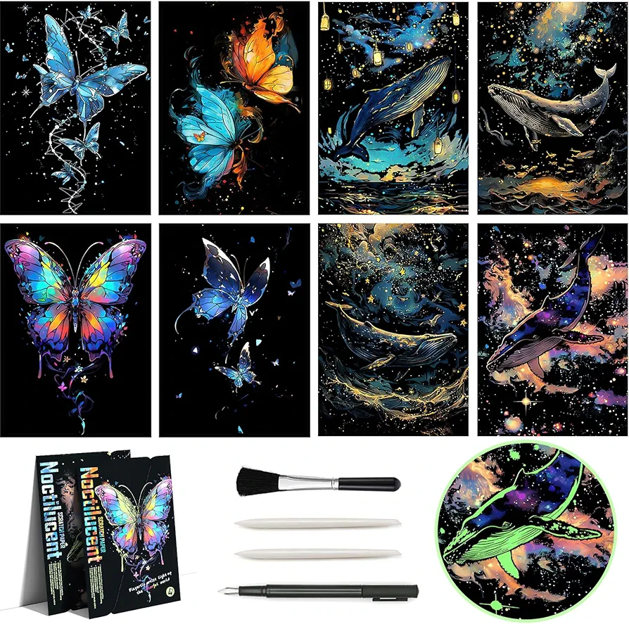 Glow in The Dark Scratch Art Rainbow Painting Paper 8 Sheet with Pen / Cleaning Brush, Engraving Landscape Scratchboard(A4) for Kids Teens & Adults, Fun Sketch Card Creative Craft Toy (Animal)