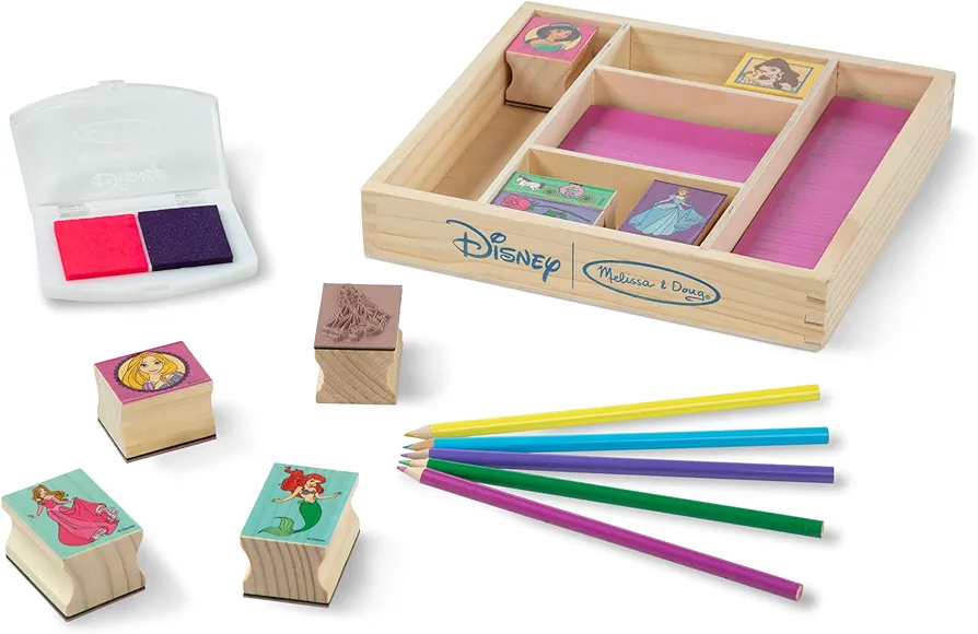 Melissa & Doug Disney Princess Wooden Stamp Set: 9 Stamps, 5 Colored Pencils, and 2-Color Stamp Pad With Washable Ink For Kids Ages 4+