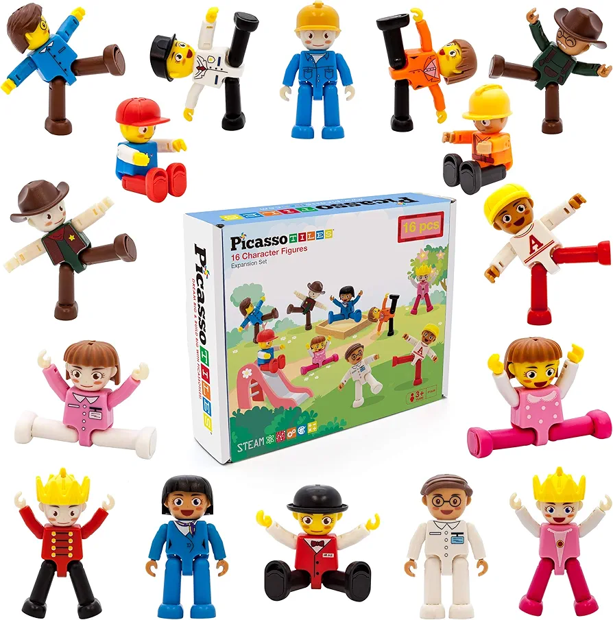 PicassoTiles 16 Piece Character Action Figures Toddler Toy Set Expansion Pack Magnetic Construction Blocks STEM Pretend Play Toys Building Tiles PTA08