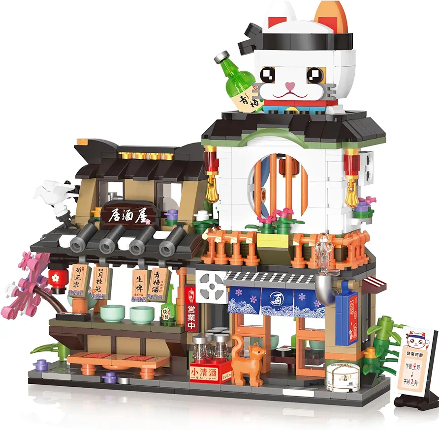 Japanese Street View Izakaya Shop Mini Building Blocks, MOC Creative Model Set, 809 PCS Simulation Architecture Construction Toy (Not Compatible with Lego Japanese Blocks)