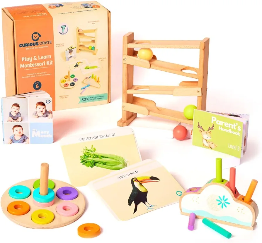 Montessori Toy for 1 Year Old 6 in 1 Montessori Educational Wooden Learning Toy Box with Ball Tracker Ring Stacker Pop-Up-Pegs My Many Moods Book Flashcards Baby Toys- 13+ Months