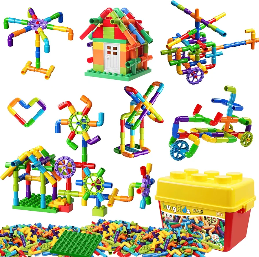 burgkidz STEM Learning Pipe Tube Toy, Sensory Toys, Tube Locks Construction Building Blocks, Educational STEM Building Learning Toys with Wheels Baseplate for All Ages Kids Boys Girls, 188 Pcs