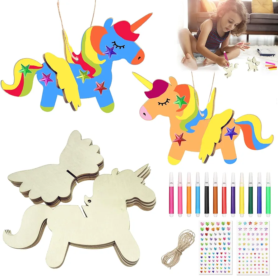 Unfinished Unicorn Wood Painting Crafts,Arts And Crafts For Kids Ages 4-12 To Paint With 25 Pcs Spring Wooden Crafts,Diy Paint Crafts Shapes Cutouts Blank Hanging For Holiday Party Supplies Home Decor