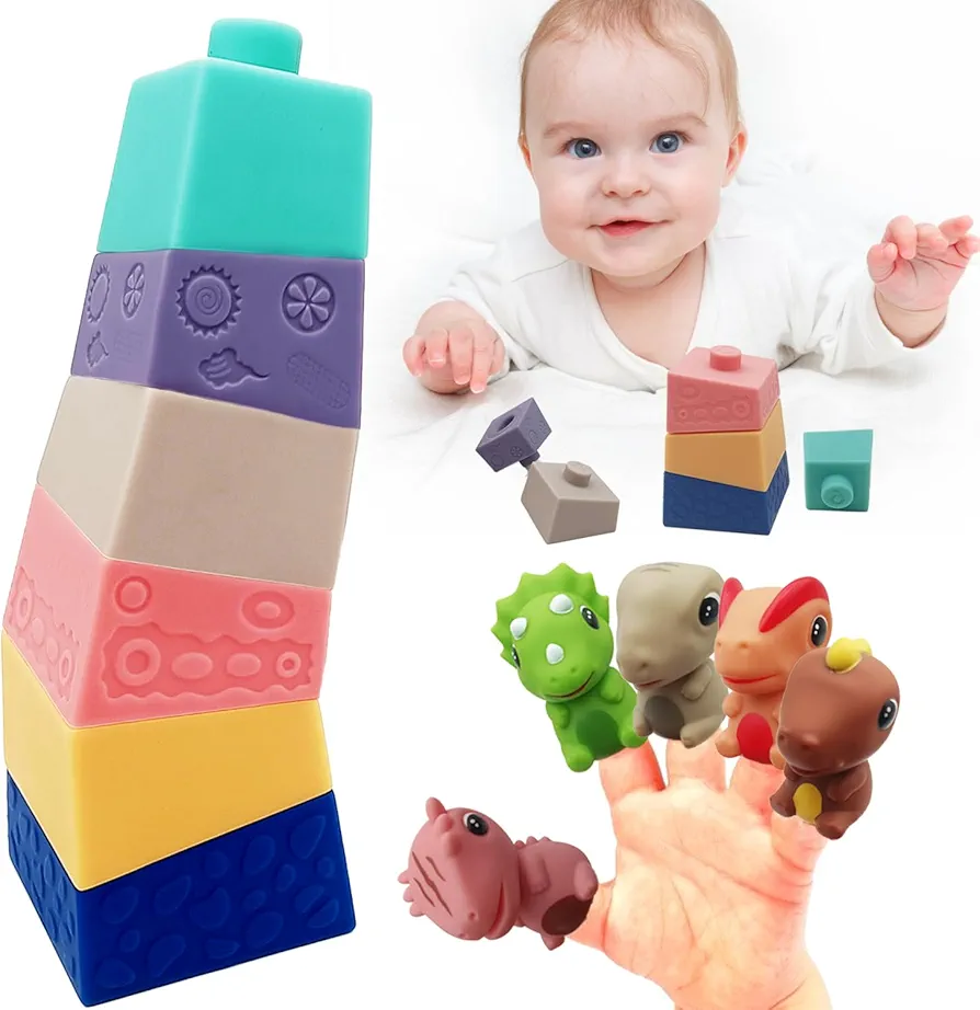 Baby Montessori Toys Sensory Stacking Irregular Square Building Blocks Learning Educational Toys for Boys and Girls Age 3 4 5 Years Old - 5pcs Rubber Animal Finger Puppets for Toddlers