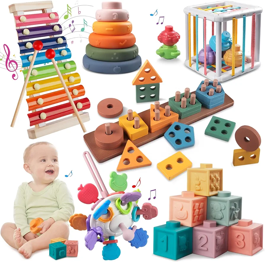 Montessori Baby Toys for 1+ Year Old - Sorting Stacking Learning Toys 6 to 12 Months, Wooden Building Blocks, Xylophone Musical, Infant Teethers Toys for Babies, 6 in 1 Toy Gifts for Toddlers