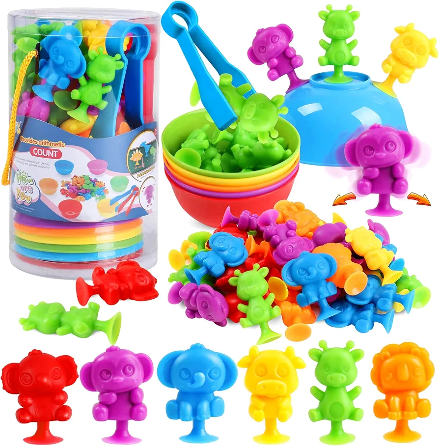 Skrtuan Counting Animals Suction Cup Matching Toys with Sorting Bowls Montessori Sensory Preschool Learning Activities Color Sorting Fine Motor Skill Stacking Toys Gift for Toddler Boys Girls Ages 3+