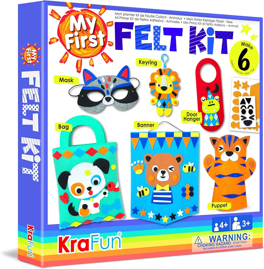 KRAFUN My First Felt Kit Animal Craft Kit for Kids and Toddlers, Boys and Girls Age 3-8 Years Old, Include 6 DIY handmade Arts and Crafts Projects, Activities Supplies Box Preschool Creative Toys