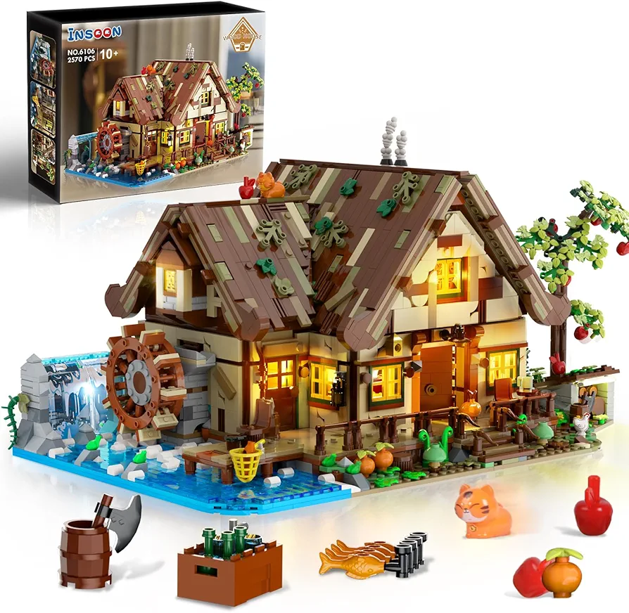 Wood Cabin Building Set with LED Light, 2570 PCS Wooden Forest House Mini Building Block Toy with Waterwheel Pond Animals, Big House Construction Model for Adults Teens Kids Boys Girls 10-12+