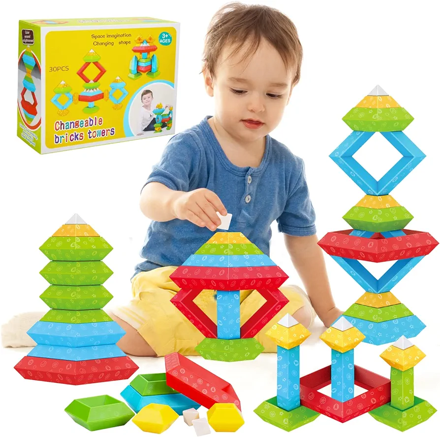 Tsomtto Montessori Toys for 1 2 3 4 5 Year Old Boys Girls Toddler 1-3 Preschool Learning Activities 30 Pcs Stacking Building Blocks STEM Stackable Educational Sensory Easter Gifts for Kids Age 1-2 2-4