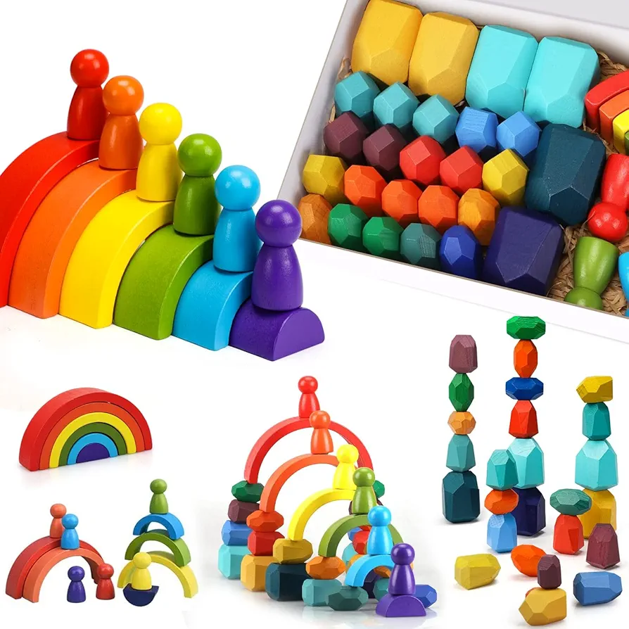 TOY Life 38 PCs Wooden Rainbow Stacking Toys, Montessori Toys for 3 4 Years Old, Stacking Toddler Blocks, Stacking Stones, Rainbow Stacker, Stacking Rocks, Wooden Blocks for Toddlers Kids