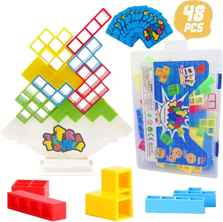 48 Pcs Tetra Tower Game,with Box Tetra Tower Balance Game,Tetra Tower Stacking Game Adult Tetra Tower Stacking Blocks Balance Game Blocks Building Toy