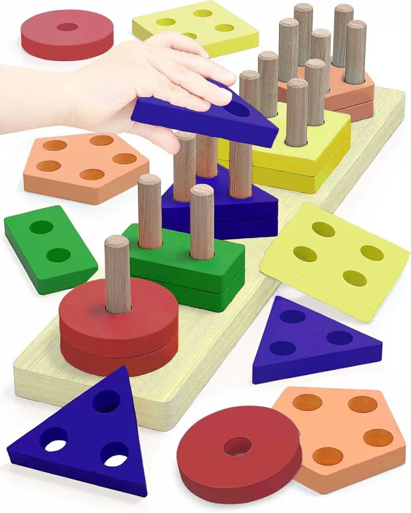 Montessori Toys for Boys Girls Baby Toys, Wooden Sorting & Stacking Toys for Toddlers and Kids,Shape Sorter and Color Stacker Preschool Kids Wood Puzzles Gifts