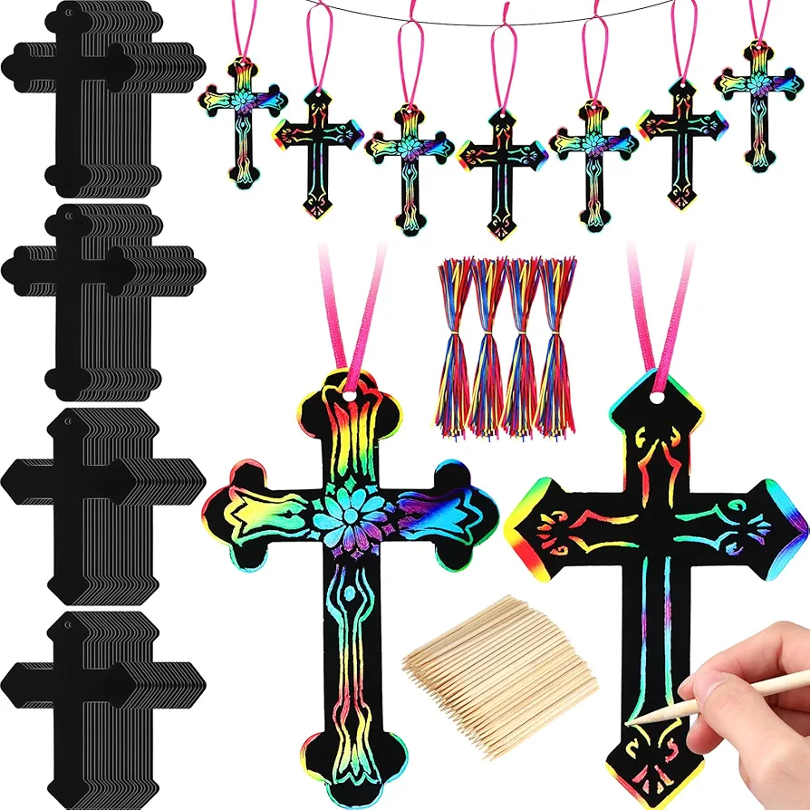 Qilery 160 Sets Scratch Cross Ornaments Scratch Paper Kit Christian Rainbow Color Crosses for Crafts Sunday School Crafts Religious Gifts Bulk for Boys Girls DIY Art Party Easter Birthday Classroom