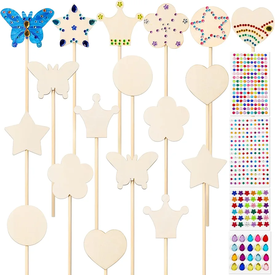 Pllieay Princess Fairy Wands Kit Include 18 Pieces 6 Styles Unfinished Wooden Princess Wand and 4 Gem Stickers Princess Art Magical Show for Party Supplies