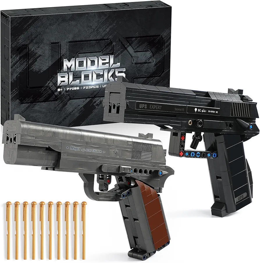 M1911 & USP Building Blocks Guns Toy - 723 Pieces Model Gun Building Set with 2 Shootable Pistol Toys, Great Gun Models Gifts for Kids and Adults