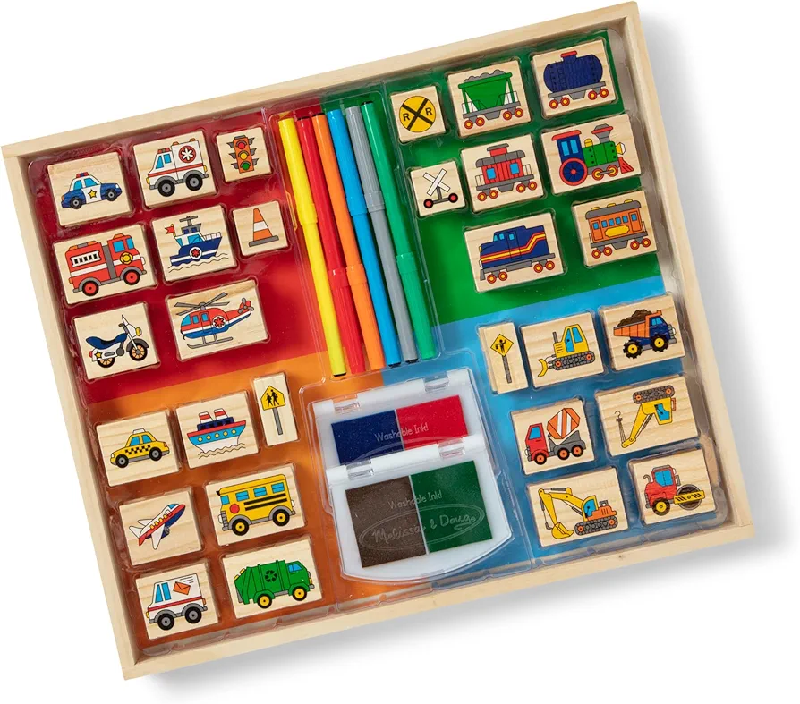 Melissa & Doug Deluxe Wooden Stamp and Coloring Set – Vehicles (30 Stamps, 6 Markers, 2 Durable 2-Color Stamp Pads)