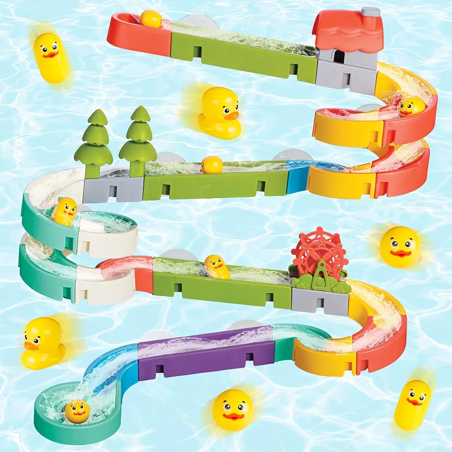 Duck Slide Toys, Bath Toys for Kids Ages 4-8, DIY Building Kit for Ages 5-7, Bathtub Time Birthday Gift for Toddler 3 + Year Old (51 PCS)