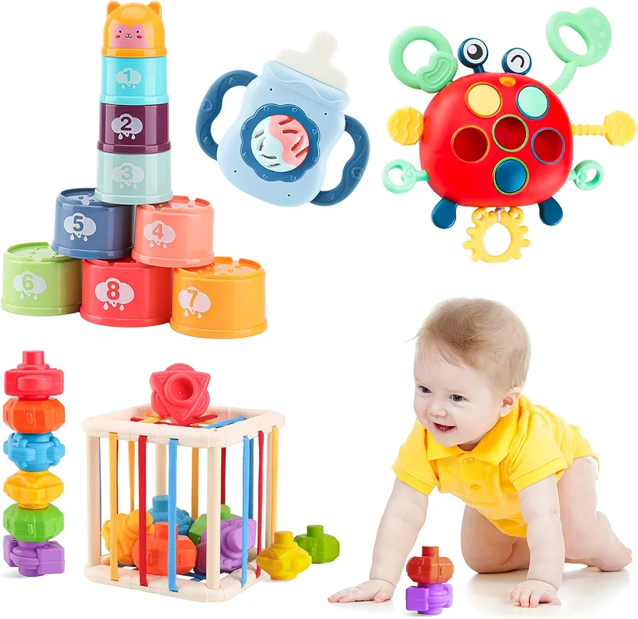 4 in 1 Baby Toys 6 to 12 to 18 Months, Montessori Toys for 6+ Month Old, Sensory Toys for Babies, Stacking Cups, Color Shape Bin Sensory Toys, Baby Teething Rattles, Crab Montessori Toys