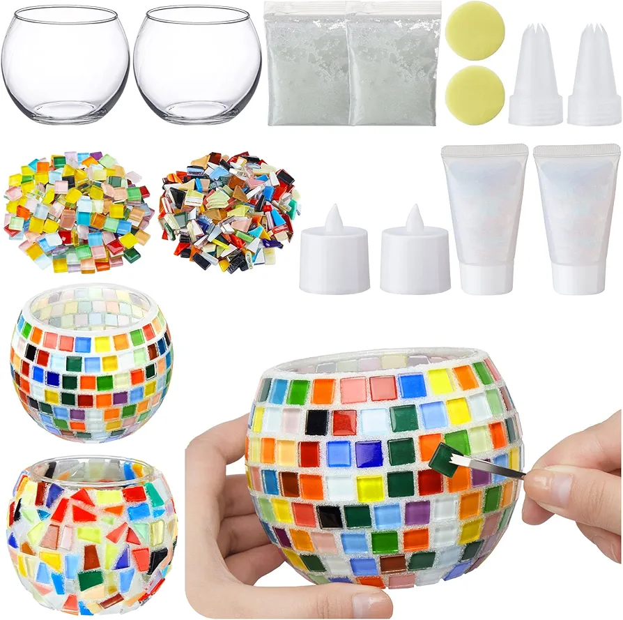 Sunnychicc 2 Set Glass Mosaic Candle Holder Kit Include Glass Tea Light Holder, Glass Mosaic Tiles for Crafts Bulk Creativity DIY Stained Glass Kit for Kids Adults Home Lighting Decor Handmade Artwork