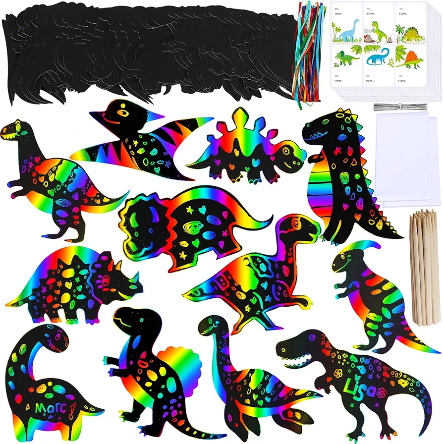 Winlyn 48 Sets 12 Styles Magic Color Scratch Dinosaur Ornaments Craft Kits Rainbow Scratch Paper Art Sets Scratch Paper Dinosaur with Scratching Tools for Kids Classroom Activities Party Favors