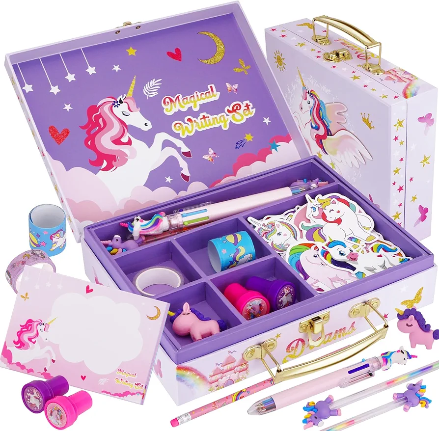 Unicorn Kids Stationary Set for Girls, Unicorns Gifts For Girls Ages 5 6 7 8 9 10 11 Year Old, Letter Writing Crafting Kit with Storage Box, Best Girls Birthday Christmas Gifts