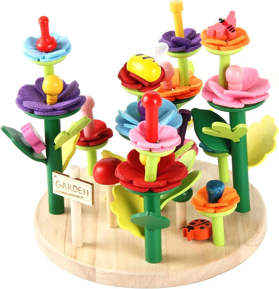 Wooden Flower Garden Building Toys for Girls, STEM Educational Activity Preschool Kit for Kids Age 3 4 5 6 7 Years Old, Stacking Game for Toddlers Build a Bouquet Pretend Play Set