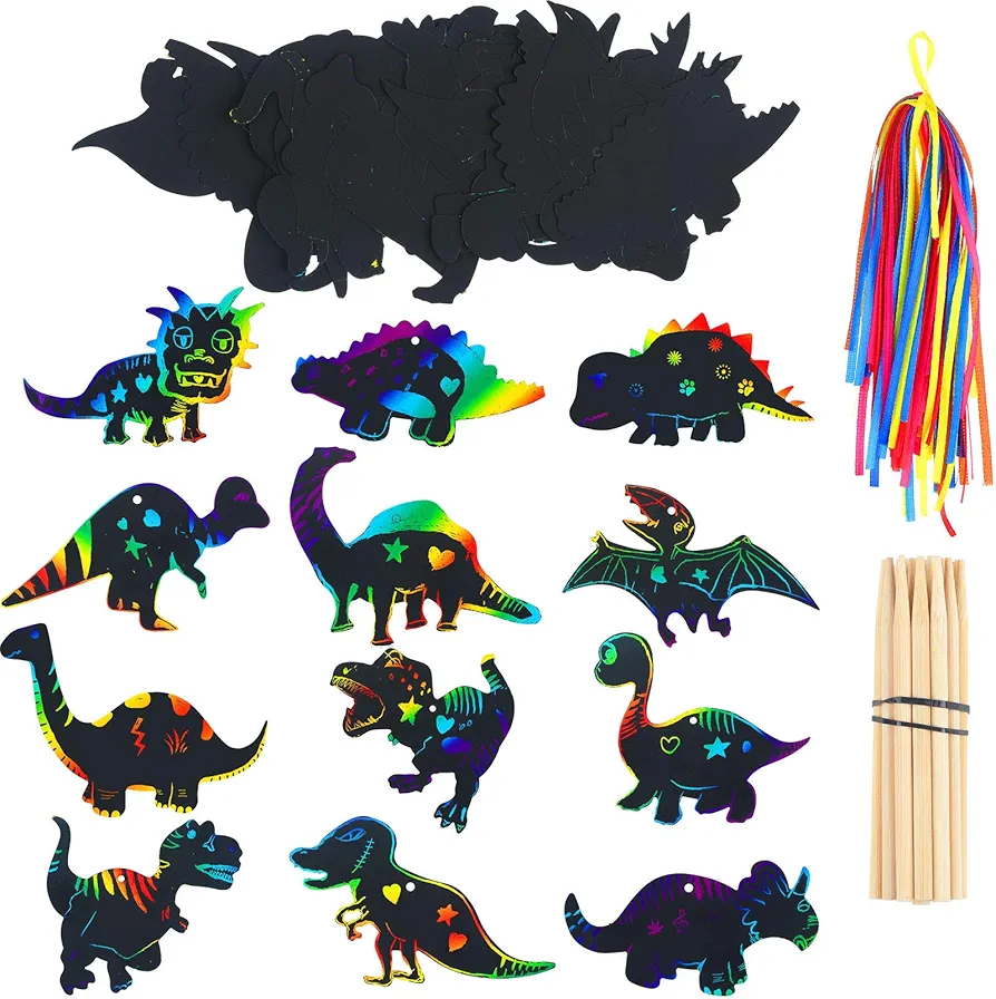 Outus 48 Pieces Scratch Dinosaur Paper Scratch Paper Dinosaur Craft Art Kits with 24 Pieces Wooden Styluses and 48 Pieces Ribbons for Dinosaur Birthday Party Game Supplies