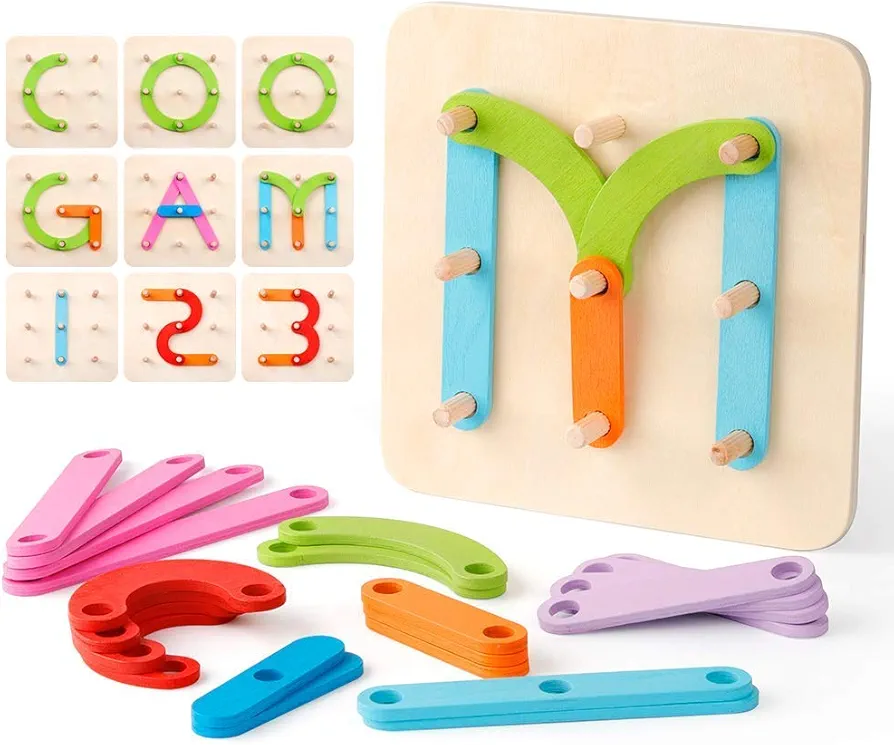 Coogam Wooden Letter Number Construction Puzzle Educational Stacking Blocks Toy Set Shape Color Sorter Pegboard Activity Board Sort Game for Kids Gift Preschool Learning STEM Toy