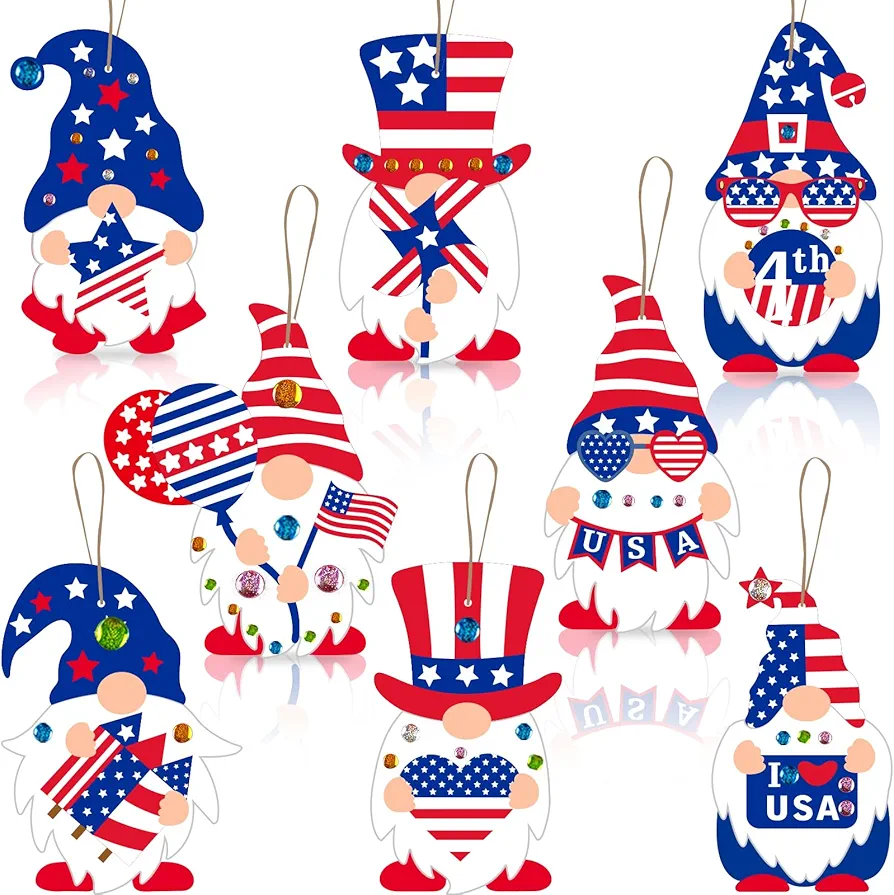 24 Packs 4th of July Crafts Patriotic Crafts Kits for Kids Felt Patriotic Gnomes Independence Day Decoration Patriotic Crafts for Kids Make You Own Patriotic Gnomes Hanging Ornament DIY Party Supplies