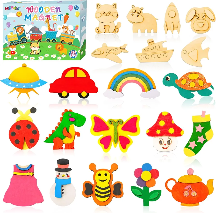 MGparty 36pcs DIY Wooden Magnets Painting Craft Kit, Wooden Art Craft Bulk Toys for Kids Age 3,4,5,6,7,8-12, Party Favors Decorate Your Own Painting Birthday Gifts for Boys Girls