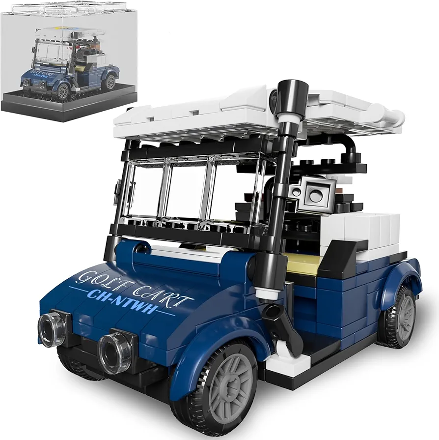 Golf Cart Toy Building Block Set for Adults Compatiable with Lego Golf Toys - Golf Gift, Golf Party Decorations, Golf Desk Toy Decor, Complete with Acrylic Display Dust Cover (Blue)