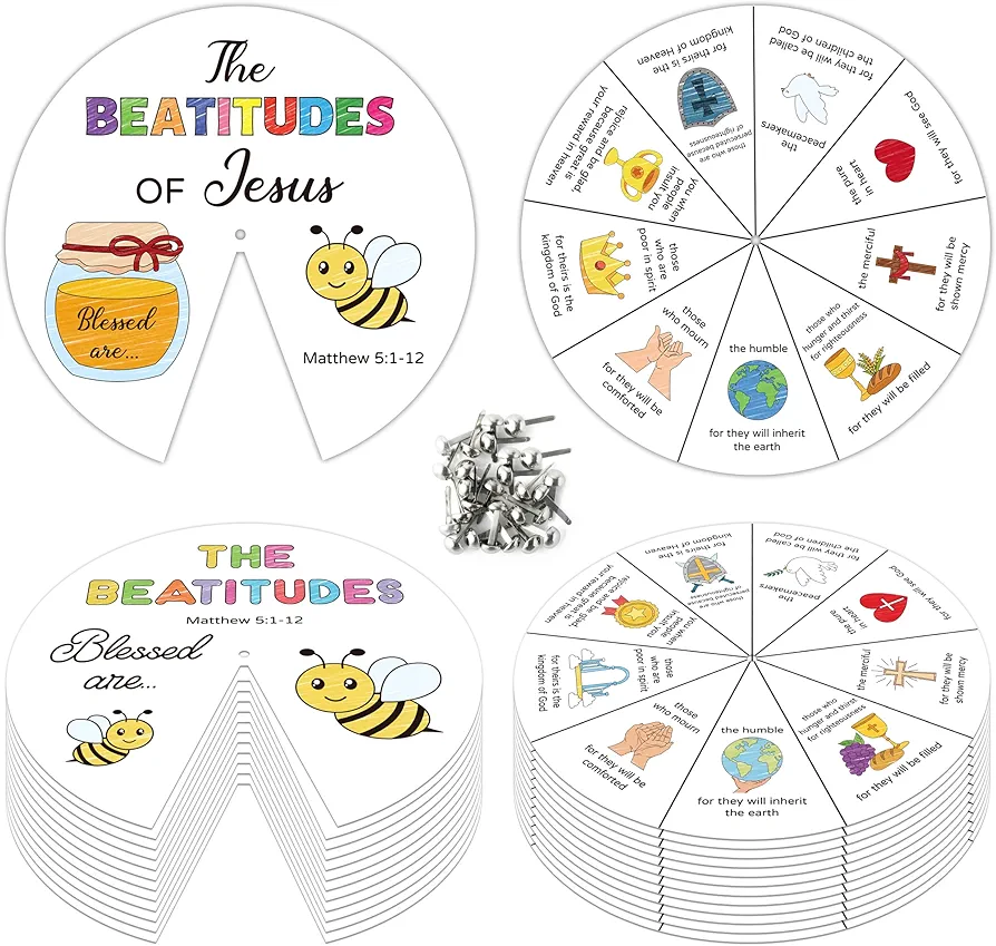 COcnny Bee Christian Coloring Craft - 24Sets Beatitudes Religious Wheel Card Color Your Own Jesus Art Kit for Kids, Bee DIY Crafts Card for Sunday School Classroom Home Activities VBS Supplies