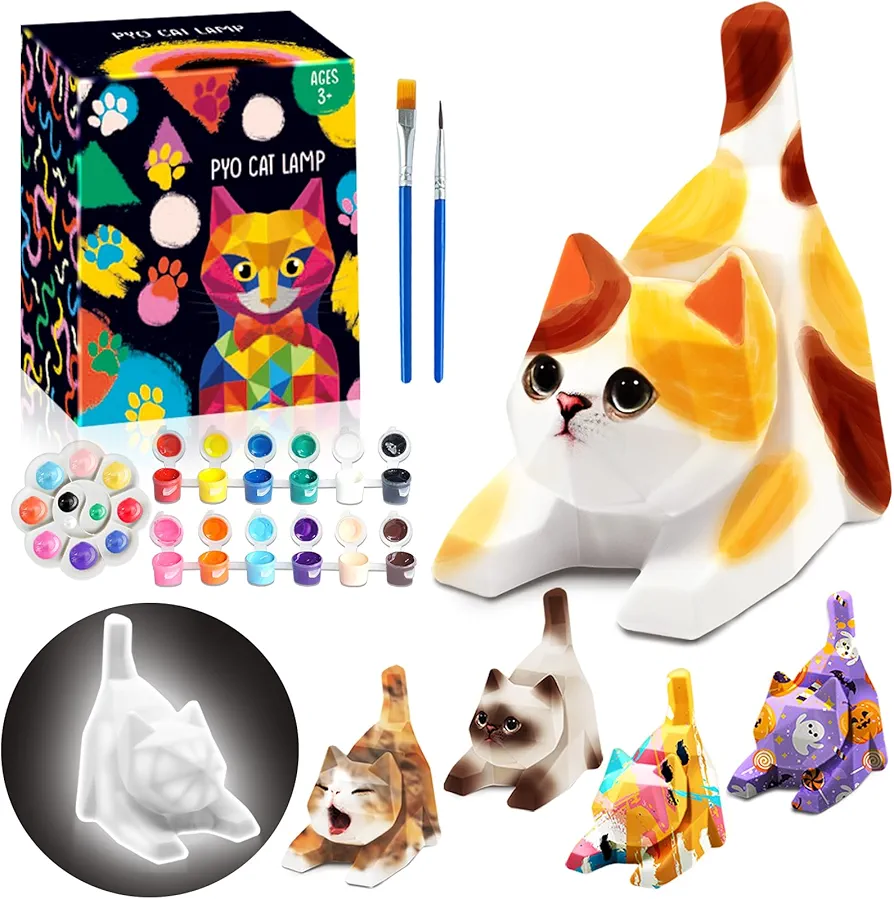 FUNZBO 4.3in Paint Your Own Cat Lamp Kit - Arts and Crafts for Kids Ages 8-12, Art Supplies Painting Kit for Teens, Toys for Ages 8-13 Girls Boys Birthday Gift