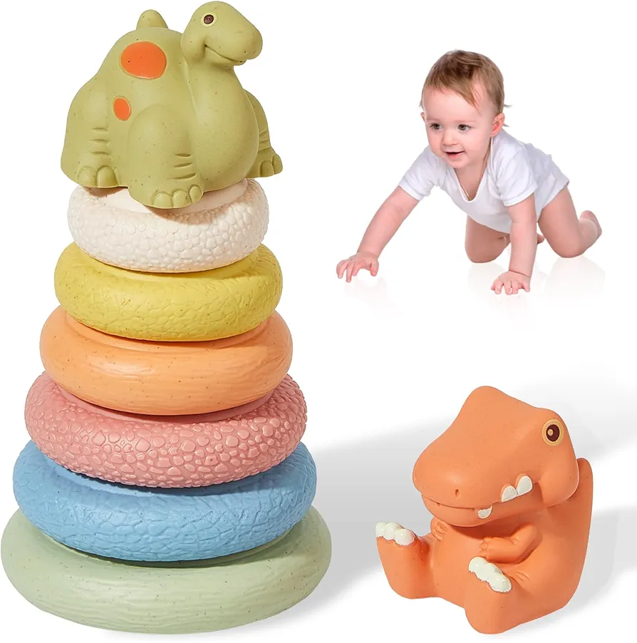 8 Pcs Stacking & Nesting Baby Toys, Squeeze Soft Teething Baby Toys and Building Circles with Two Cute Dinosaur Figures, Newborn Essentials for 6 12 18 Months Baby Toddler Boys Girls