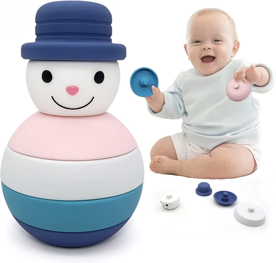 Stacking & Nesting Toy, Christmas Toys for Babies Silicone Block Toys, Soft Building Rings Stacker & Teethers Sensory Montessori Toys for Toddlers Kids, Xmas Gift Tabletop Decoration(Snowman Blue)