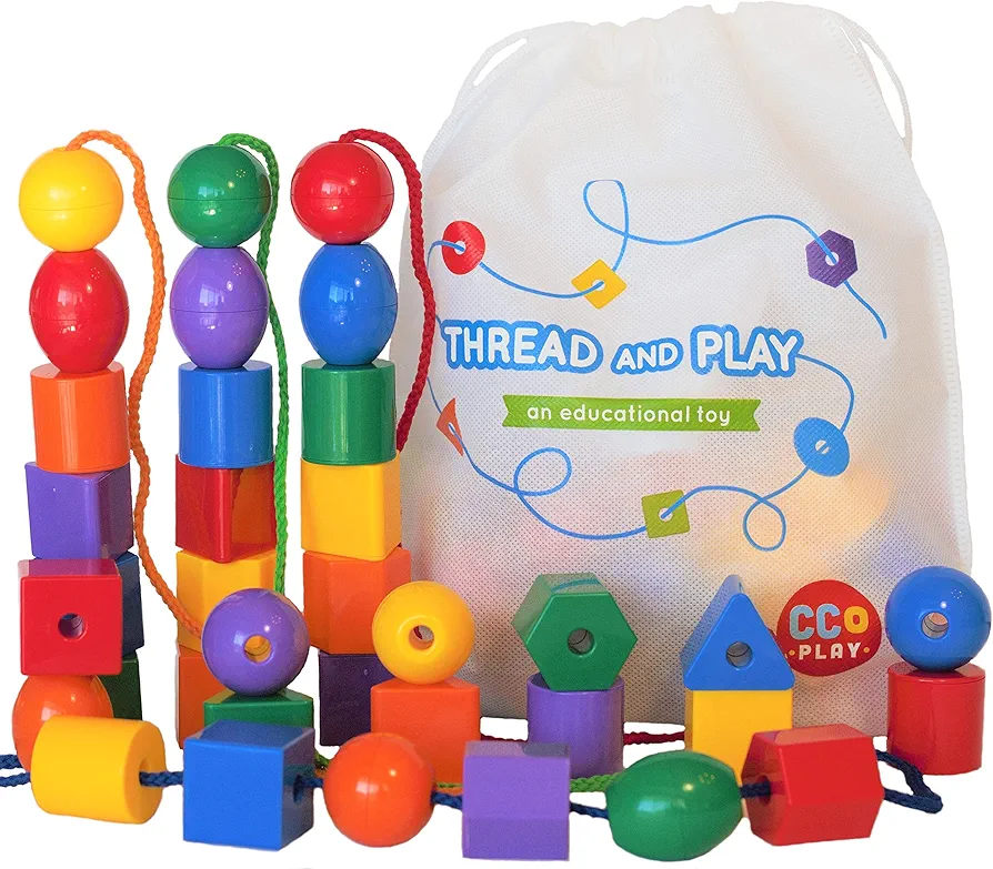 Large Lacing Bead Set for Kids - 36 Jumbo Beads & 4 Threads for Toddlers - Montessori Educational Stringing Toy for Preschool Children - Bonus Bag & Ebook with Primary Resources