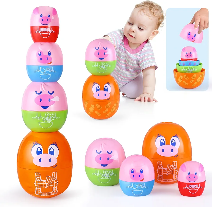 Piggy Toddler Stacking Nesting Toys for Toddlers 1-3, 8PCS Pig Eggs Matching Game STEM Preschool Learning Sensory Nesting Dolls Animals Baby Bath Toys Gift for 6 Months+, Speech Therapy Toys