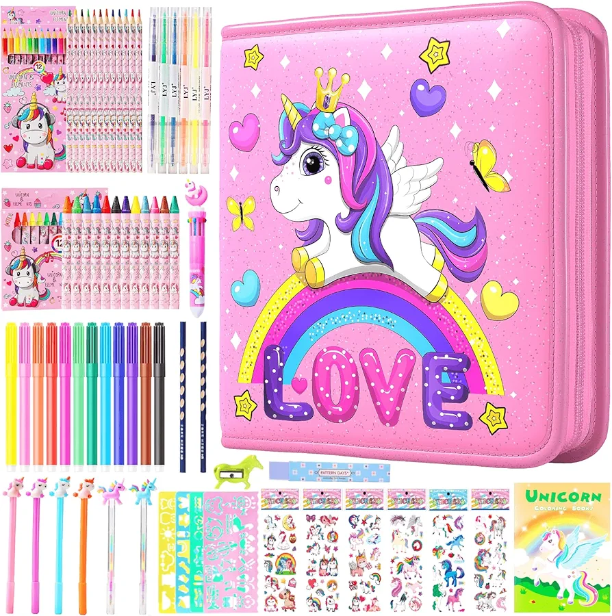 Fruit Scented Markers Set 65 Pcs with Glitter Unicorn Pencil Case & Stationery, Art and Craft Coloring Supplies Birthday Gifts for Kids 4-12 Year Old (Unicorn Rainbow Pink)